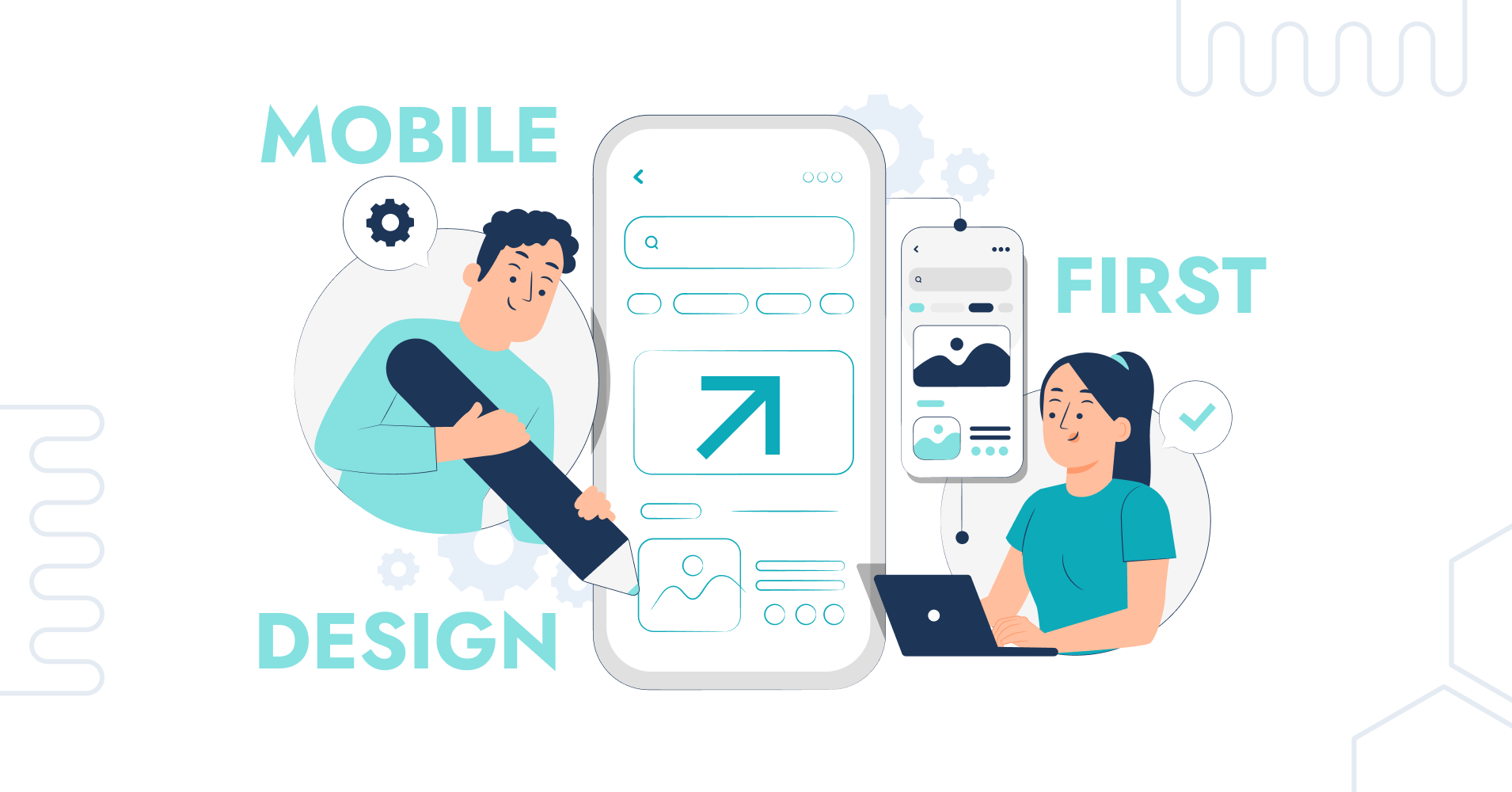 Illustration for Mobile First Design Strategies and Best Practices consisting of a man and a woman who are working together to design an mobile app